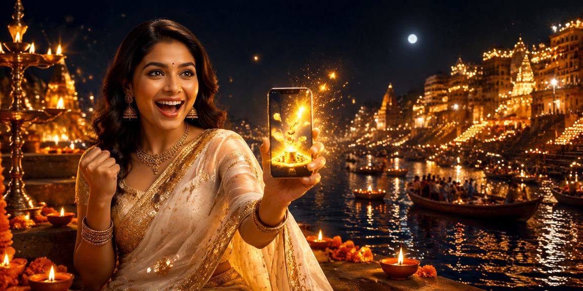 Woman playing Teen Patti on a mobile device beside the river in Varanasi